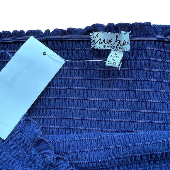 Almost Famous Blue Smocked Off Shoulder Crop Top Size L Boho 90's Y2K - Picture 2 of 5